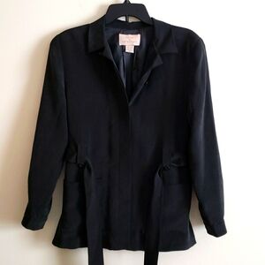 Design by Pat Argenti 100% silk black blazer jacket waist tie, split hem vintage